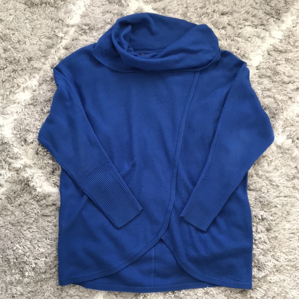 NY Collection Blue Cowl Neck Sweater Large Asymmetrical Cozy Soft